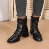 Spliced Front Lace-Up Single Boots Women'S Fashion Square Toe Anti-Slip Wear-Resistant Block Heel Shoe