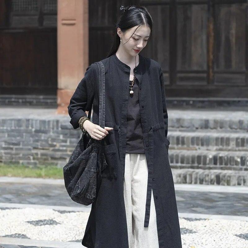 Johnature Women Chinese Style Bandage Trench Stand Long Sleeve Solid Color Autumn Coats Button Pockets Trench