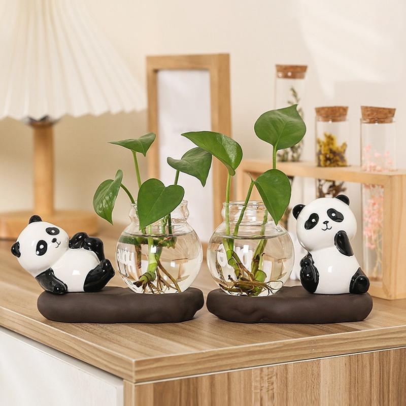 Мультфильм Панда Зеленая Роза Гидропонная Ваза Стеклянная Посуда Прозрачная Вода Питательные Свежие Цветы Цветочный Горшок Цветочная Посуда Настольное Украшение