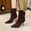 2025 New Autumn and Winter Suede Pointed Thin Heel Martin Boots Women's High Heel Side Zipper Belt Buckle Retro Fashion Short Boots