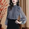 Spring Autumn Elegant Fashion Stand Collar Ruffles Pleated Blouse Women Long Sleeve Solid Cardigan Shirt Top