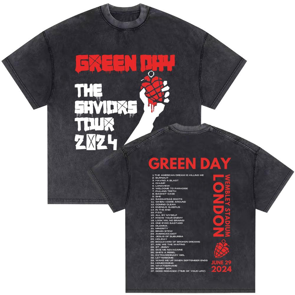 Washed Vintage Punk Band Green Day  World Tour T Shirts Men Retro Gothic Rock Tshirt Male Cotton Casual Oversized Tshirts
