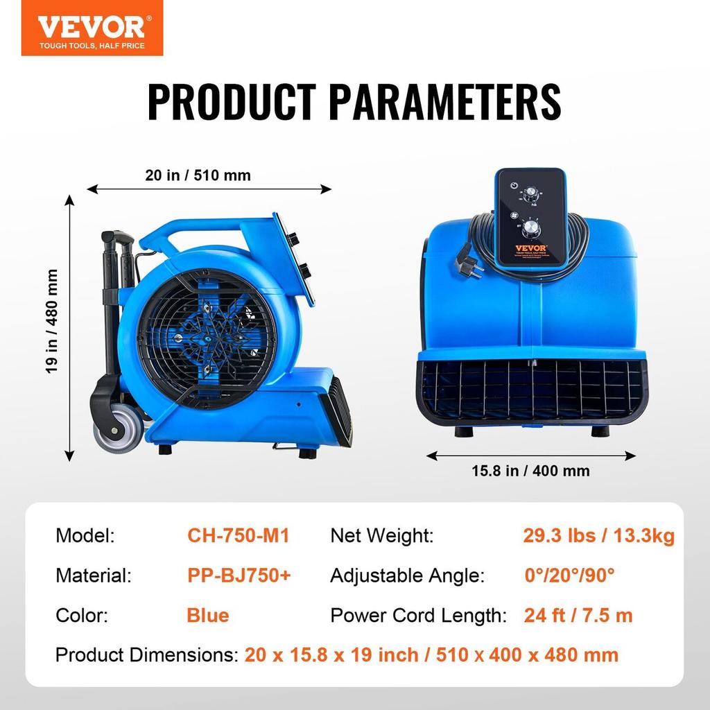 Floor Blower 1400 RPM 4000 CFM Air Mover with 3 Blowing Angles 3-Speeds