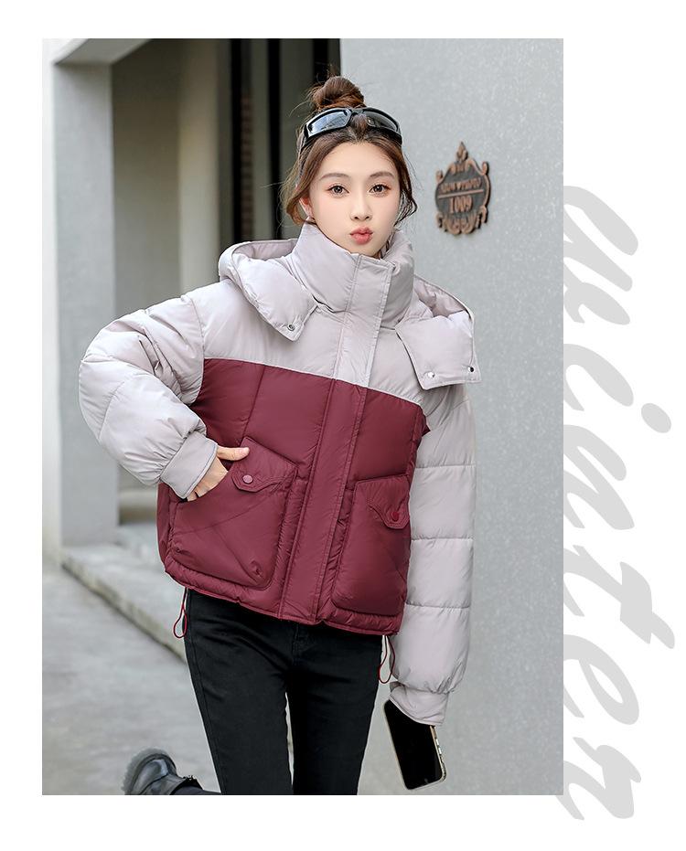 Autumn and Winter Women's Coat Hooded Short Color Matching Loose Casual Thickened Windproof Student Jacket