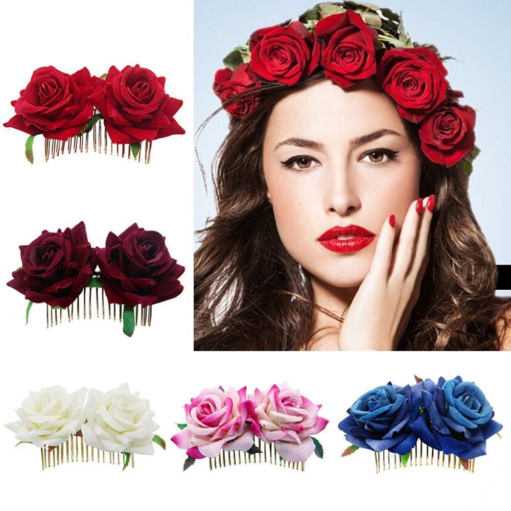 Festival Bridesmaid Hair Jewelry Red Rose Hairpin Bridal Flower Hair Comb Wedding Accessories