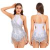 Women Jazz Dance Leotard Halter Neck Glitter Sequin Tassel Fringed Latin Salsa Dance Dress Cutout Bodysuit Performance Costume
