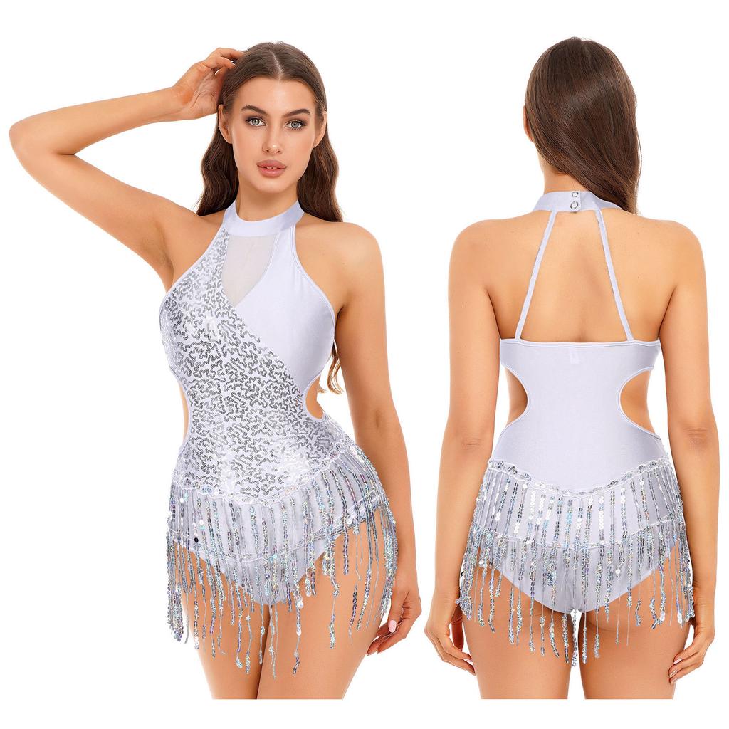 Women Jazz Dance Leotard Halter Neck Glitter Sequin Tassel Fringed Latin Salsa Dance Dress Cutout Bodysuit Performance Costume