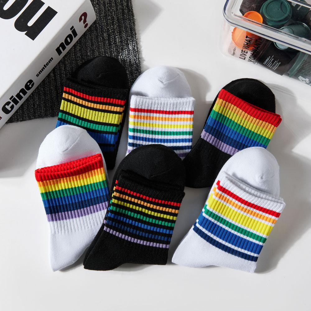 5 пар женских радужных носков, хлопковые милые полосатые белые носки, японские забавные носки в стиле Харадзюку, каваи