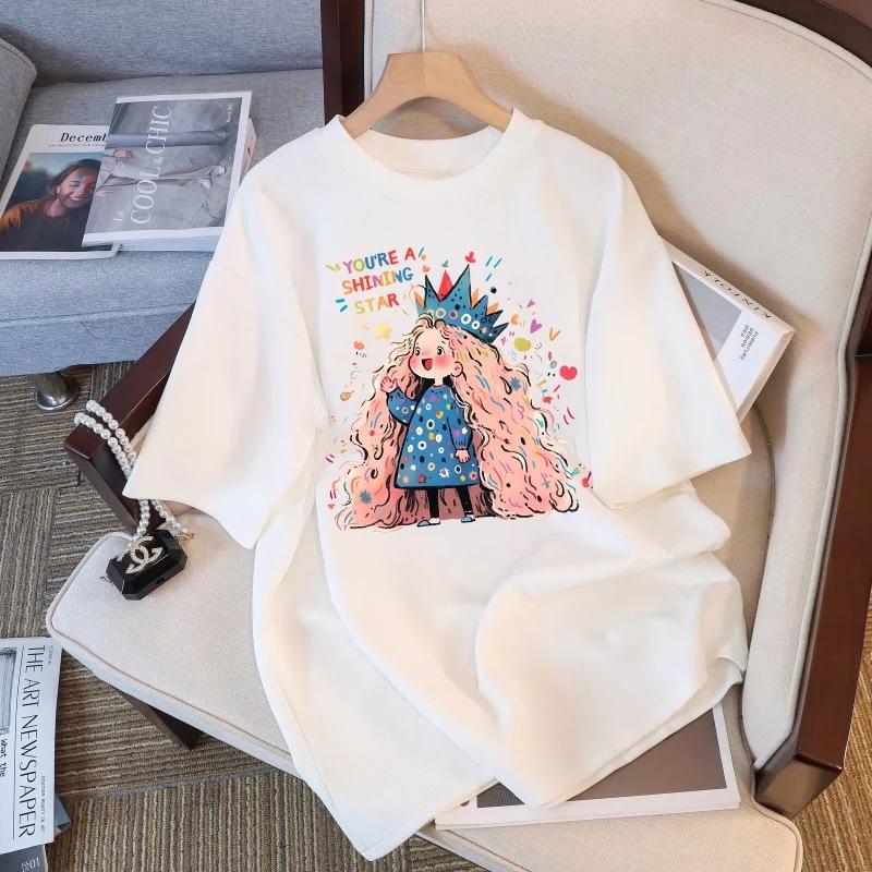 Футболка из чистого хлопка белого цвета с короткими рукавами для женщин на лето, новый большой размер, свободный дизайн, тонкий топ с короткими рукавами и принтом