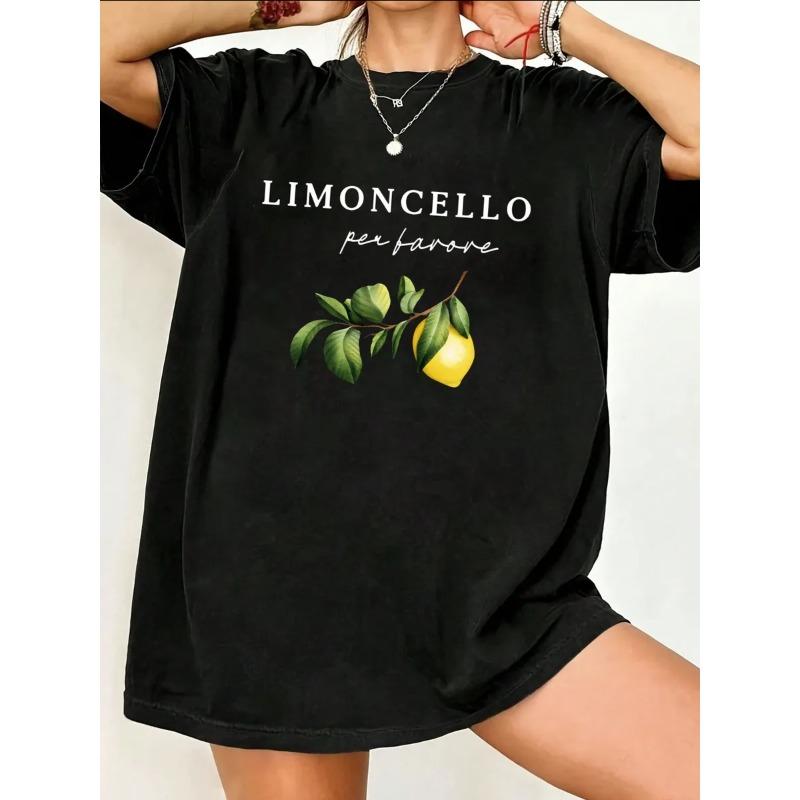 Женская футболка оверсайз с короткими рукавами, надписью «LIMONCELLO per favore» и принтом в виде лимонной ветви