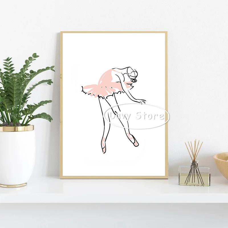 Pink Ballerina Line Abstract Poster Ballet Dancer Canvas Printing Wall Art Picture Modern Minimalist Girls Bedroom Home Decor