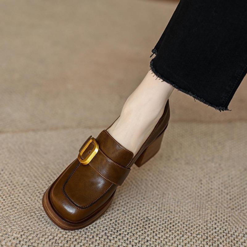 Maogu 2024 New Thick-soled College Style Casual Loafers Black Leather Fashion Pumps Girls Heels Shoes Female Women British Style