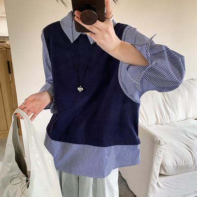 Полосатая рубашка женская с длинным рукавом весенняя одежда новый вязаный свитер топ чувство дизайна фальшивая двухпредметная рубашка