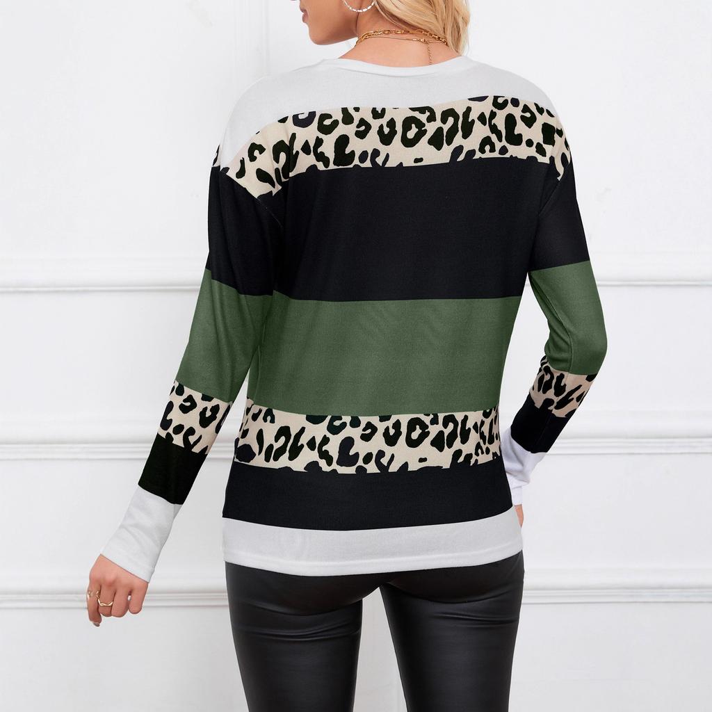 Женский пуловер с круглым вырезом и длинными рукавами, осенняя полосатая контрастная футболка, вязаный топ с леопардовым принтом, свободный и модный