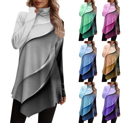 Повседневная модная рубашка с принтом, топы с высоким воротом и нерегулярным подолом, пуловеры с длинными рукавами