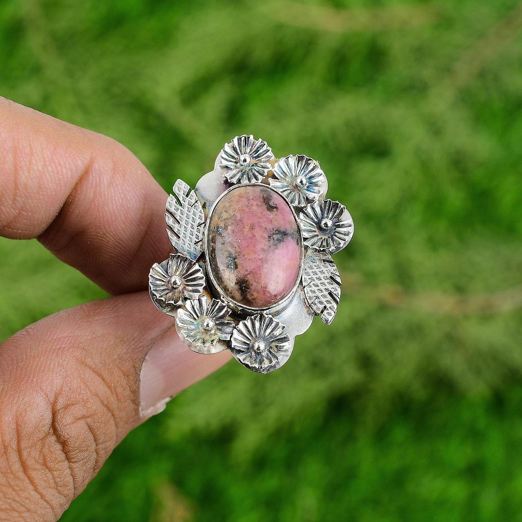 Gift For Her Natural Rhodonite Statement Flower Adjustable Ring 925 Silver
