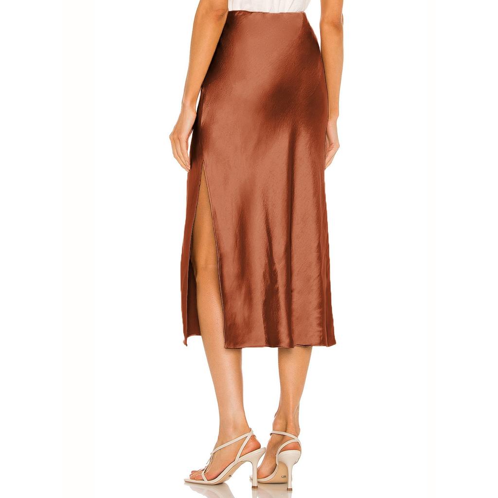 Women's High-Quality Satin Half Skirt With Elastic High Waist Solid Color Split Mid Length Skirt