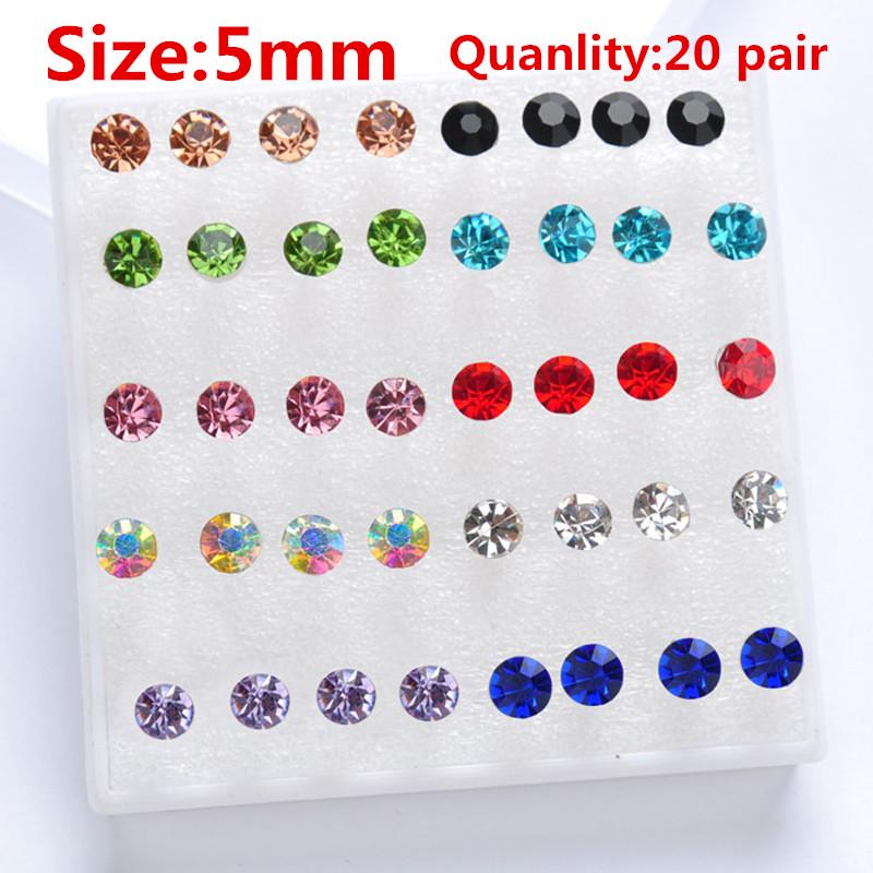 Модные разноцветные серьги для девочек, 20 пар в упаковке, серьги-гвоздики со стразами, модные милые женские серьги-гвоздики с кристаллами