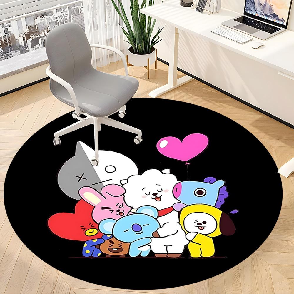 1 шт. Круглый коврик BT21 для офиса - Идеально подходит для декора офиса или кабинета, Машинная стирка, Нескользящая основа, Декоративный коврик для пола