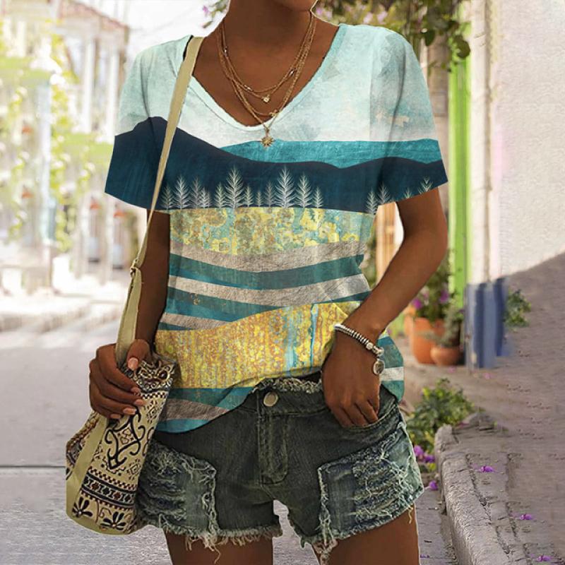 Полосатая футболка для женщин, новая простая одежда, повседневная футболка с v-образным вырезом и короткими рукавами, женская футболка в стиле Харадзюку в стиле ретро с принтом, летняя