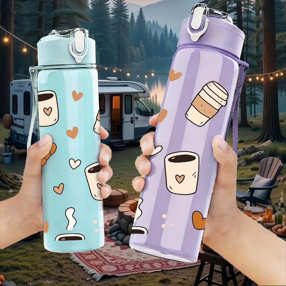 1PC Coffee Cup Cookie Bread Food Print 750ml Color Plastic Sports Water Bottle Leakproof Flip Straw Lid Suitable for Sports Office Home Use