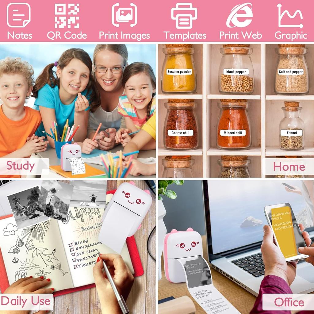 Eschen Pocket Mini Printer, Portable Printer with 6 Rolls Printing Paper for iOS Android Smartphone, Label Receipt Sticker Photo List Notes Inkless