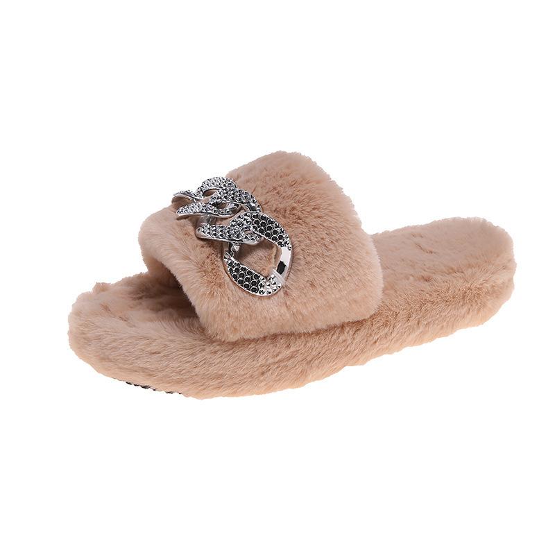Cute Warm Fluffy Slippers Women Cozy Faux Fur Cross Indoor Floor Slides Flat Soft Furry Shoes Ladies Female Celebrities