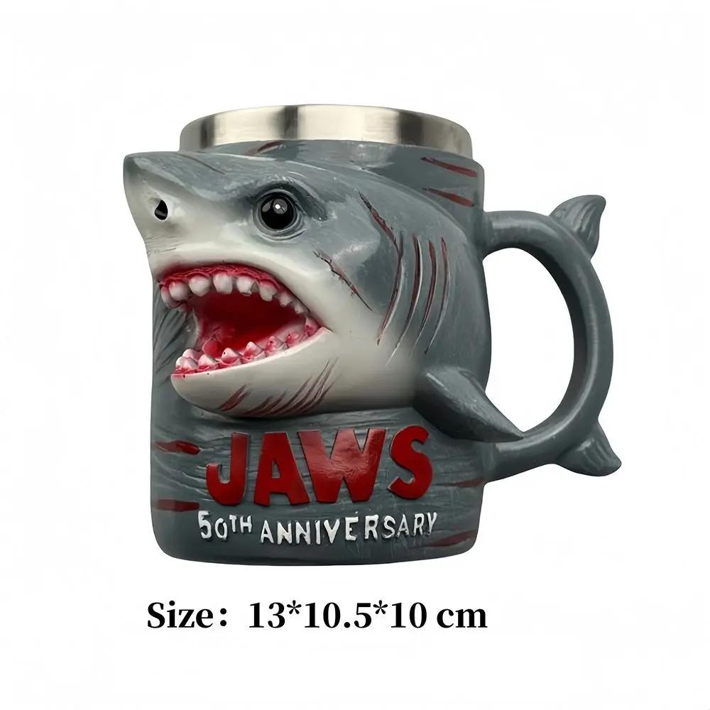 New Stainless Steel Liner Jaws 50th Anniversary Mug Creative Resin Material Ocean Theme Cup Funny 3D Design Shark Coffee Cup