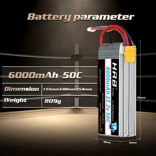 HRB 22.2V LiPo Battery, 6000mAh, 6S 6000mAh, 6-Cell XT90 50C-100C, for RC Airplanes, Helicopters, and Multicopters