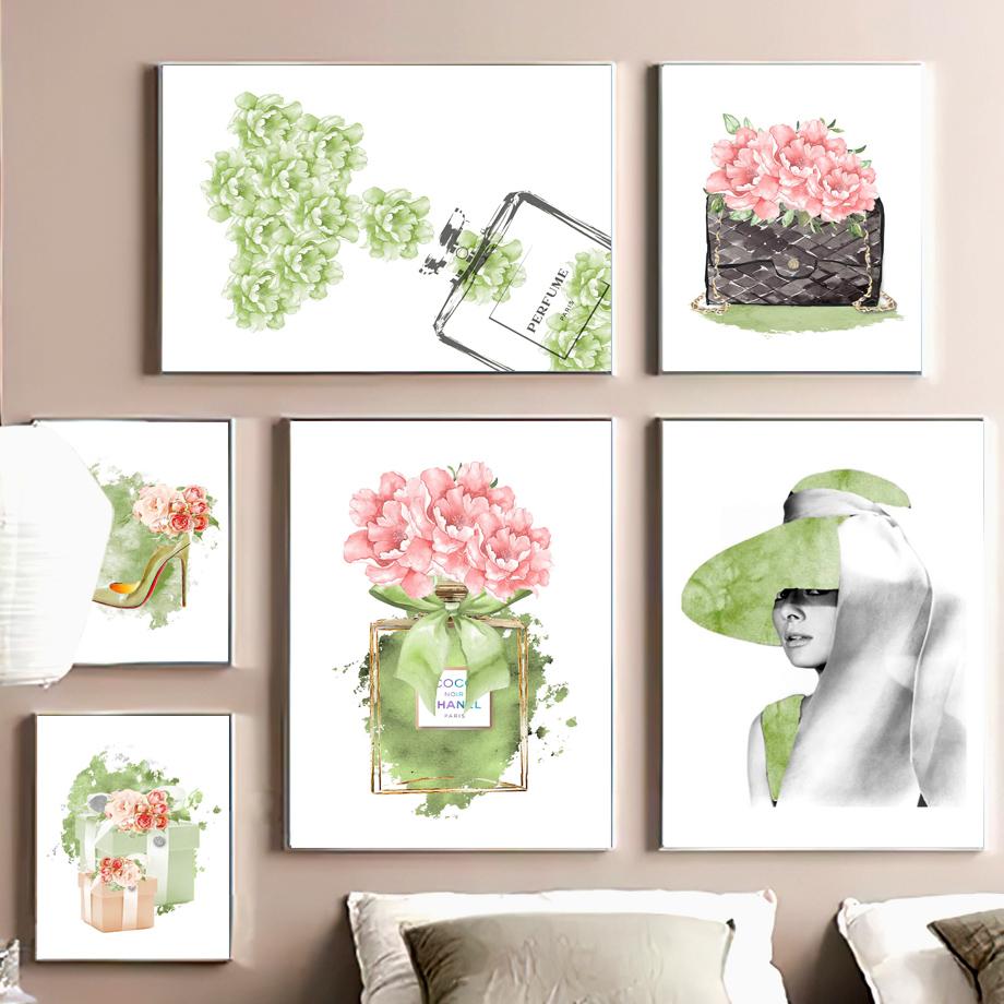 Парижские духи, плакаты на скандинавскую тему, принты, бутылка, цветочная сумочка, модная художественная живопись на холсте для девочек, настенные панно для декора гостиной, без рамки