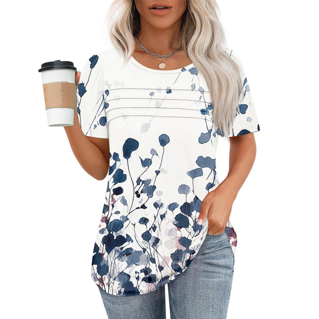 T Shirts For Women Pleated Round Neck Dressy Casual Blouses Printing Short Sleeve Summer Tops Loose Fit