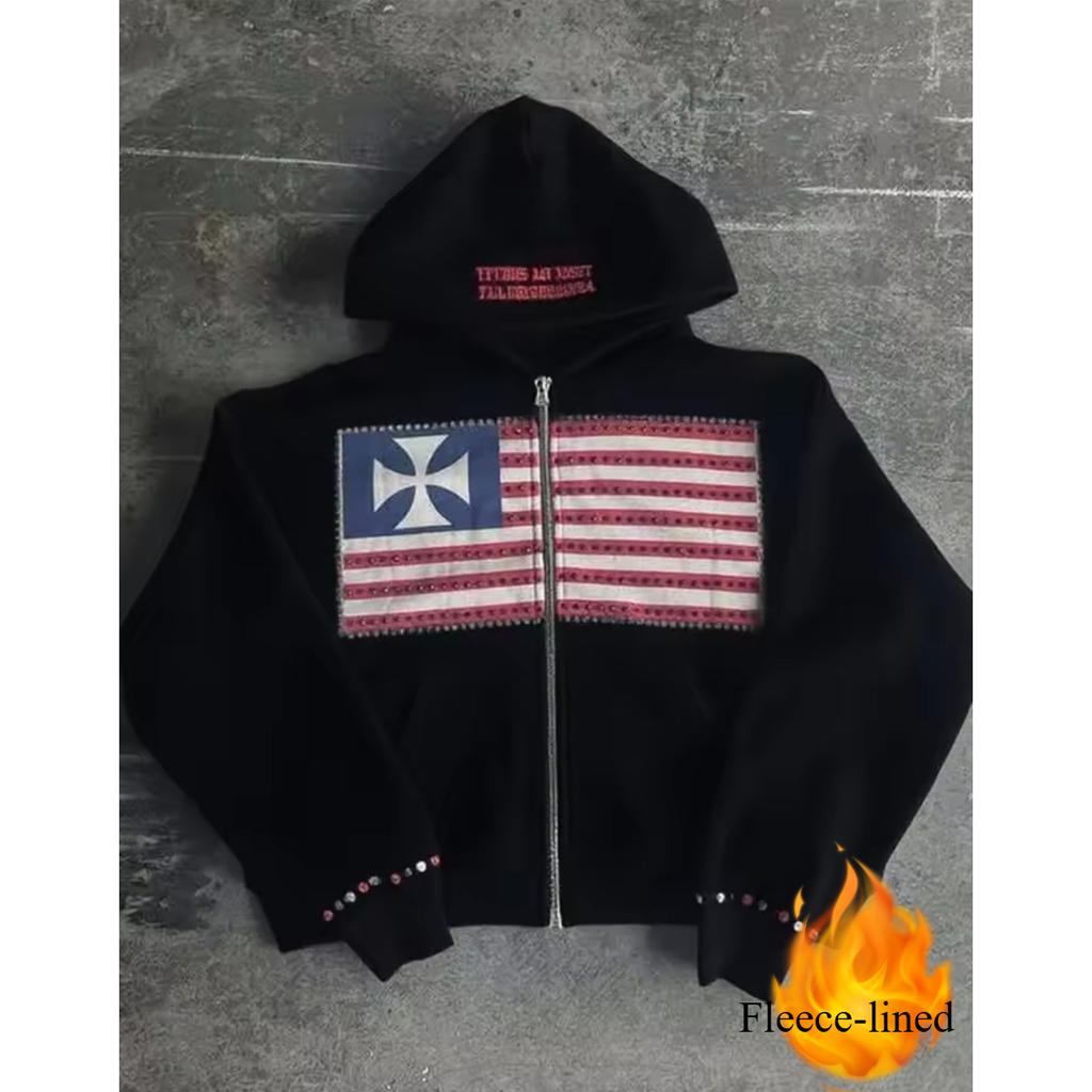 Американская мода уличная одежда готический флаг стразы вышитая молния толстовка с капюшоном Y2k сращивание большой свободный хлопковый свитшот