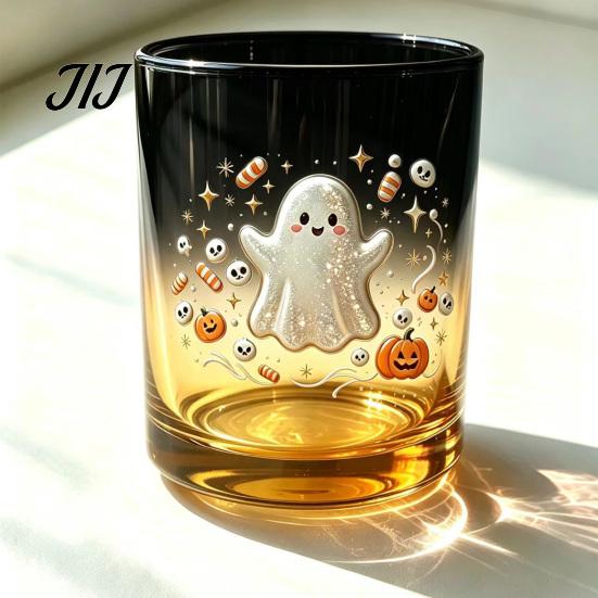 Cute Ghost Drinking Glasses Halloween Glass Cup, Colorful Gradient Aesthetic Tumbler with Whiskey Juice Soda Pumpkin Skull Print, Spooky Party