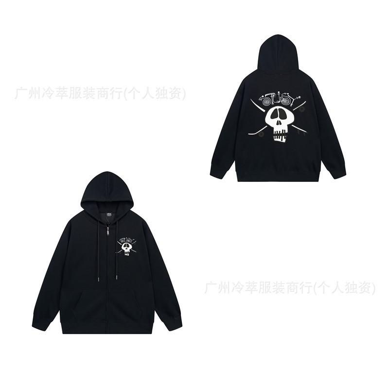 Unisex Hooded Zip-Up Fleece-Lined Sweatshirt With Letter Print Loose Fit Cotton Long Sleeve Men Women