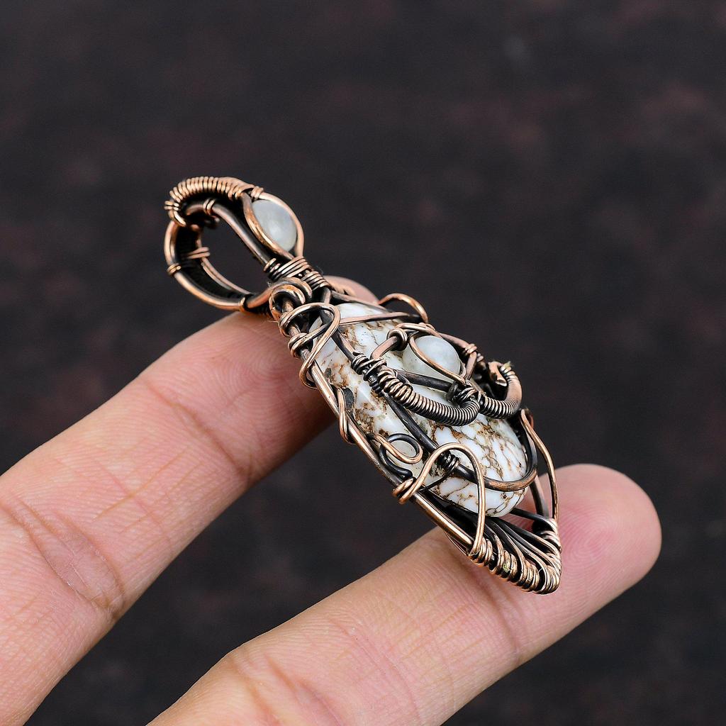 Подвеска из магнезита с дурным глазом и дикой лошадью, обернутая медной проволокой, подвеска ручной работы из радужного лунного камня, драгоценный камень, медное ювелирное изделие, подарок для женщин