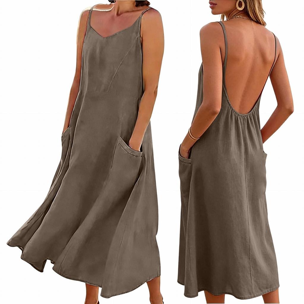 Ladies' Color Casual Fashion Strap Pocket Dress