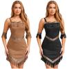 Womens Native Tribe Princess Costume Retro Pattern Sling Dress Tassel Trim Irregular Hem Faux Suede Outfit with Armbands