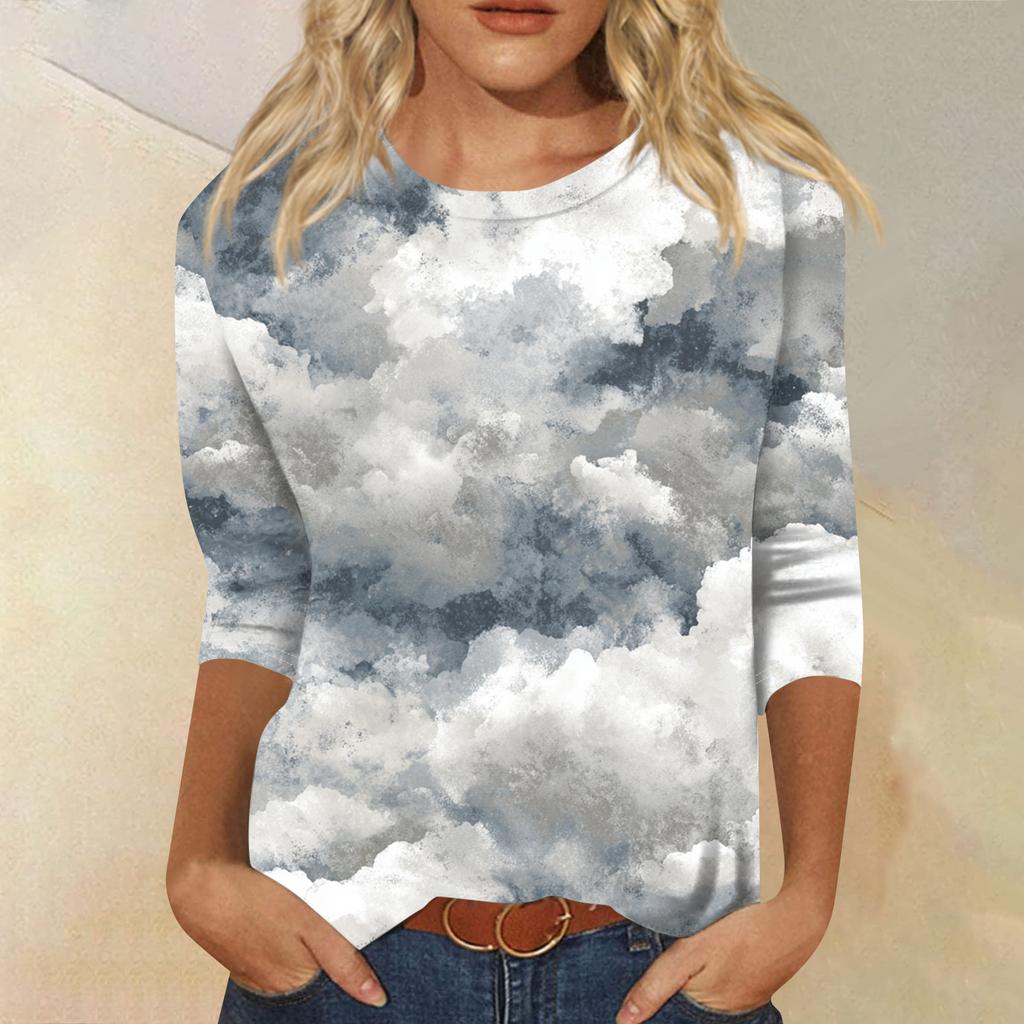 Women's Fashion Casual Round Neck Three-quarter Sleeve Gradient Print T-shirt Top