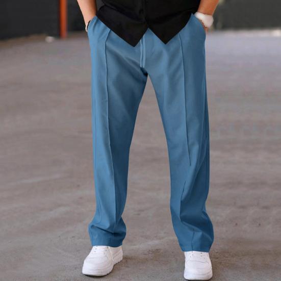 Men Straight Sweatpants Drawstring Elastic Waist Wide Leg Solid Color with Pockets