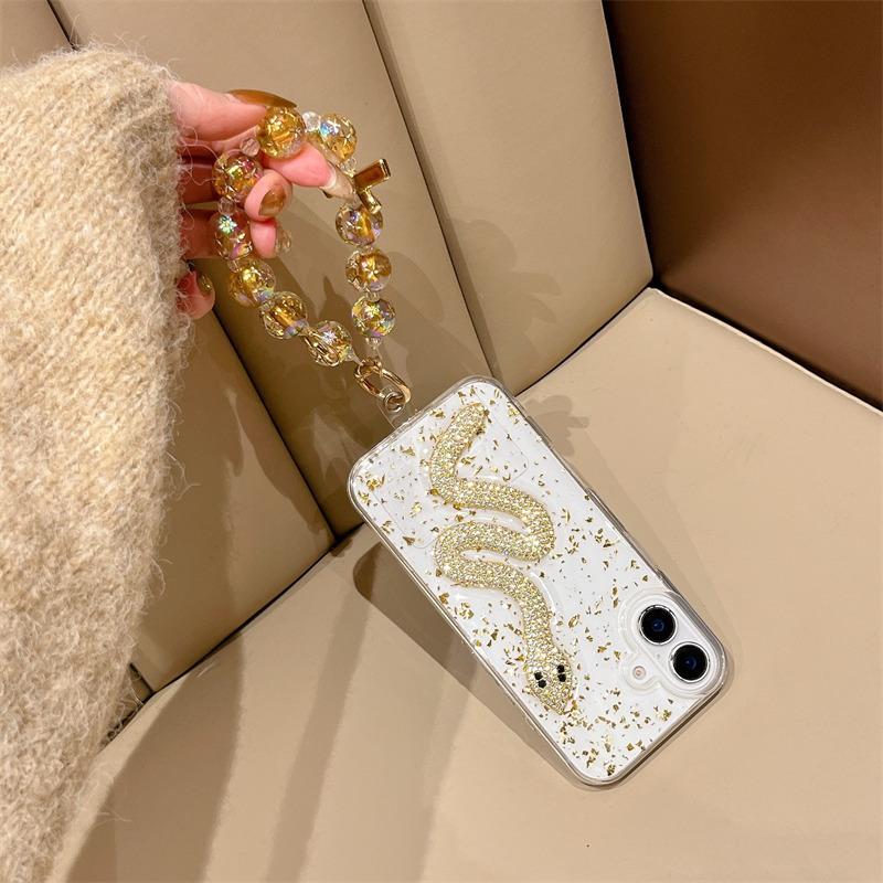 Капельный клей Прозрачный 3D-чехол с блестками из золотой фольги в виде змеи для iPhone 16, 15, 14 Plus, 13, 12, 11 Pro Max, блестящий чехол со стразами