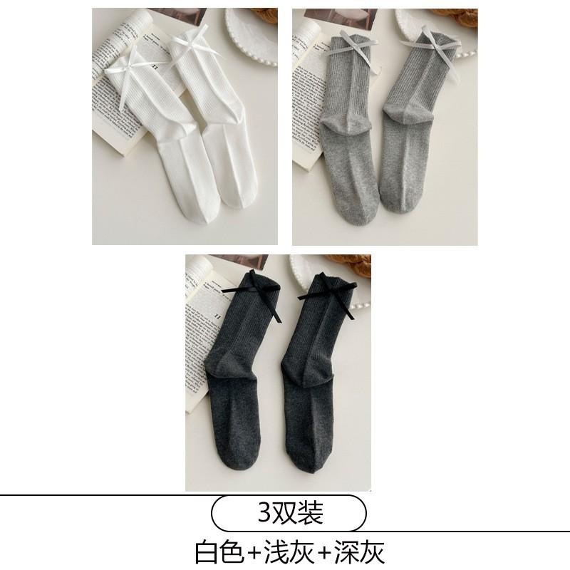 Womens Cotton Mid-Calf Socks With Bow Detail Japanese Style Ribbed Crew Soft Breathable Stackable Teens Young Adults