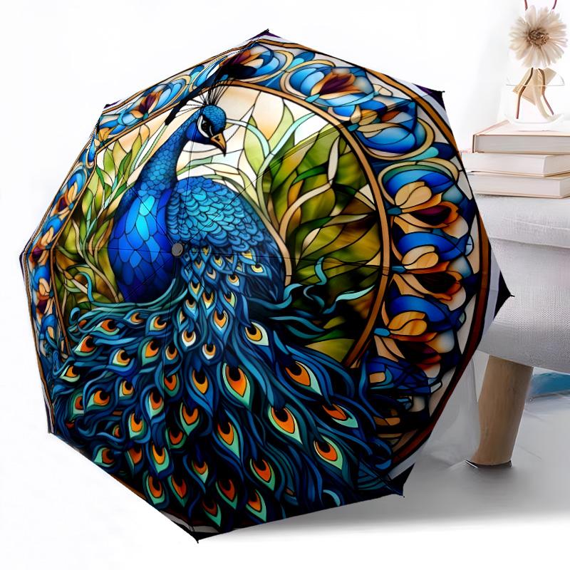 Vibrant Peacock Stained Glass Art Portable Automatic Umbrella Compact & Durable 8-Rib Design Durable Plastic & Iron Travel Essential Fashion Lovers