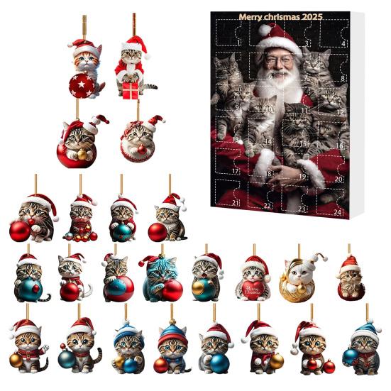 Рождественский кошачий адвент-календарь Акриловый 2D мультяшный кот Подвесные украшения 24 дня 2025 Рождественский календарь обратного отсчета Подарок для любителей кошек Праздничное украшение