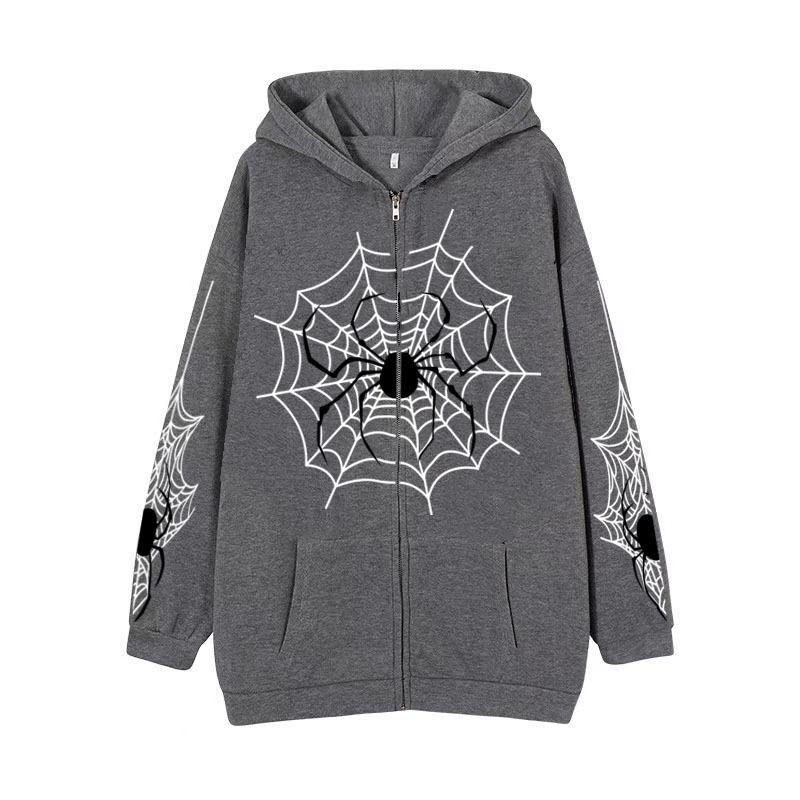 Spring and Autumn Women's Fashion Spider Web Printed Hooded Casual Jacket