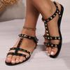 Summer New Style Rivet Thin Strap T-toe Sandals Summer Square Toe Flat Bottom Women's Going Out Roman Women's ShoesNO: 6633