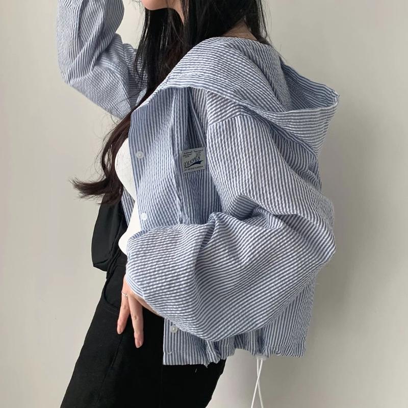 Корейский Шик Осенняя Мода Вертикальная Полоска Контрастный Цвет Капюшон Пряжка Повседневная Короткая Куртка Женская