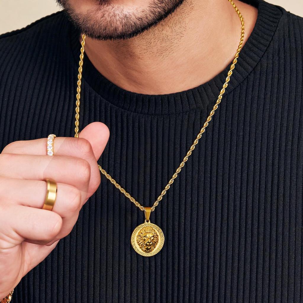 Coin Necklace Lion Pendant with Width French Rope Chain Medal Necklace Gold Surgical Stainless Steel Hypoallergenic Amulet Accessory Unisex Gift