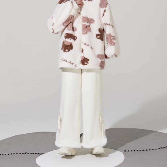 Японские повседневные брюки в стиле Лолита в стиле кавайи для женщин, теплые плюшевые брюки в корейском стиле, женские свободные брюки с милым бантом, широкие брюки для зимы