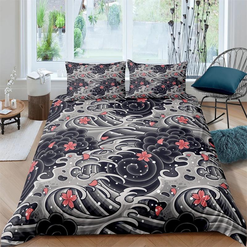 Пододеяльник с японским журавлем King Queen Size Wave Flower Ukiyo-e Style Комплект постельного белья Восточная культура 2/3 шт. Полиэстеровый пододеяльник