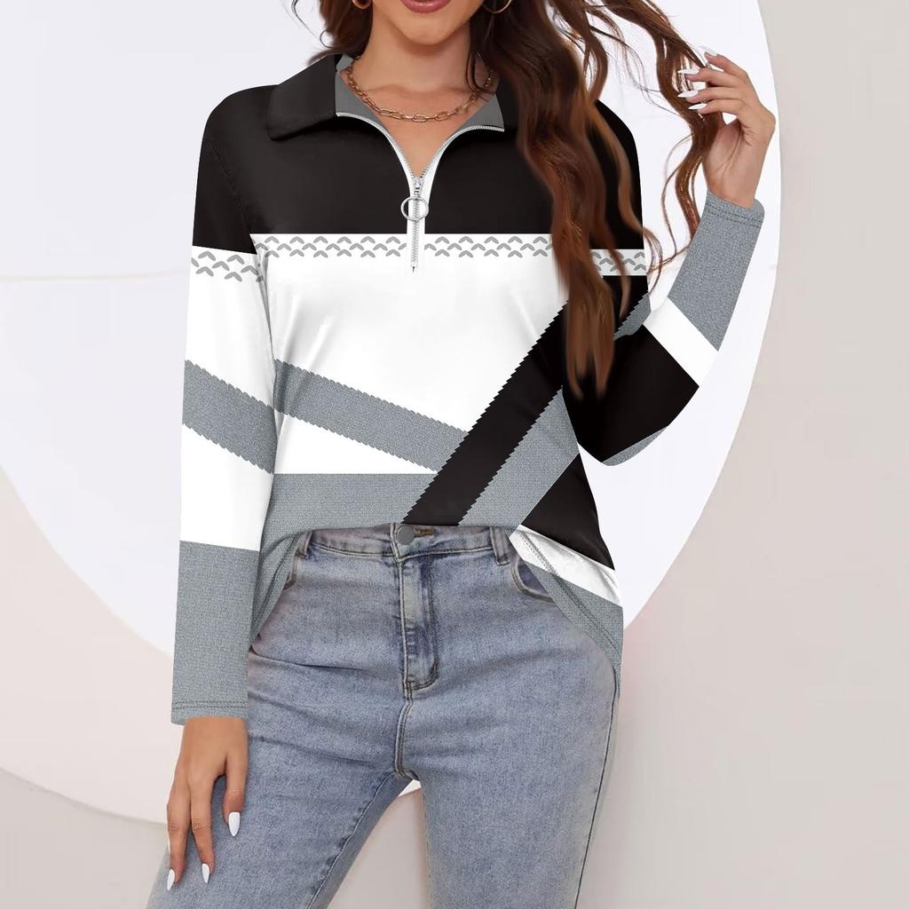 Женская мода весна-осень повседневная принтованная молния V-образный вырез длинный рукав рубашка топы